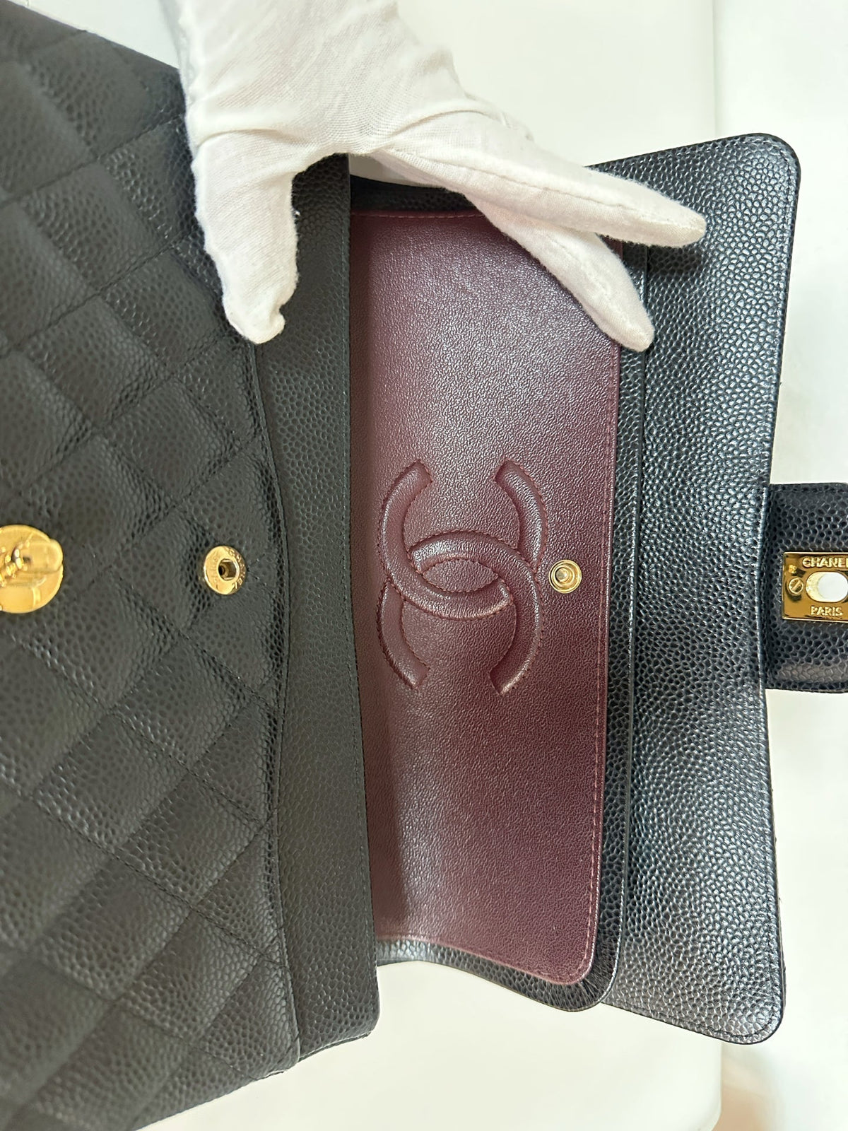 Chanel Medium Size Classic Quilted Caviar Double Flap Bag Black 3022 holo card