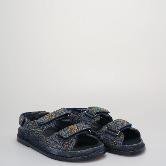 Chanel Denim Velcro Dad Sandals Navy Blue Size 38