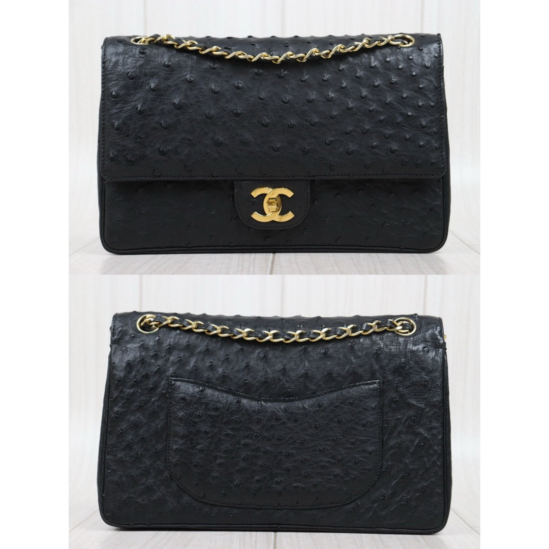 Good ( Rank AB)｜ CHANEL Ostrich Skin Double Flap 25 Chain Shoulder Bag Black Made In 1986 - 1988 Year｜25030704