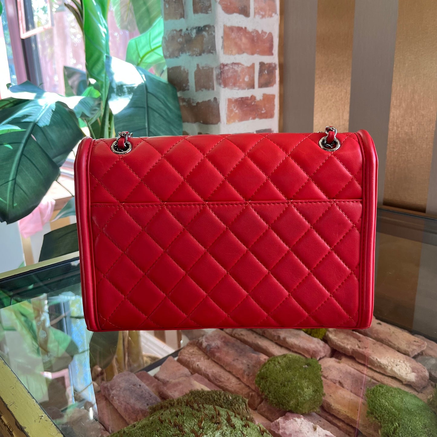 CHANEL Geometric Medium Red Lambskin Quilted Flap Bag