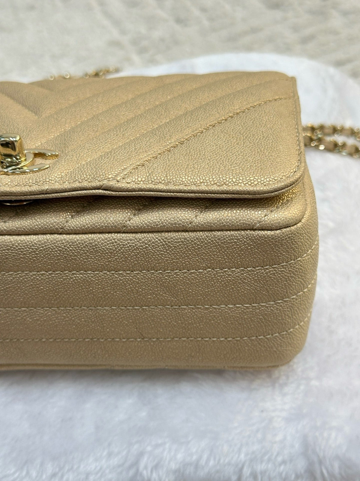 Chanel Mini Statement Metallic Caviar Chevron Quilted Flap Beige LGHW