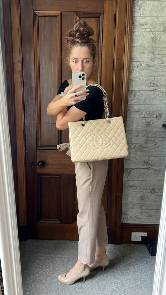 Chanel Light Beige Caviar Grand Shopper Tote with silver hardware