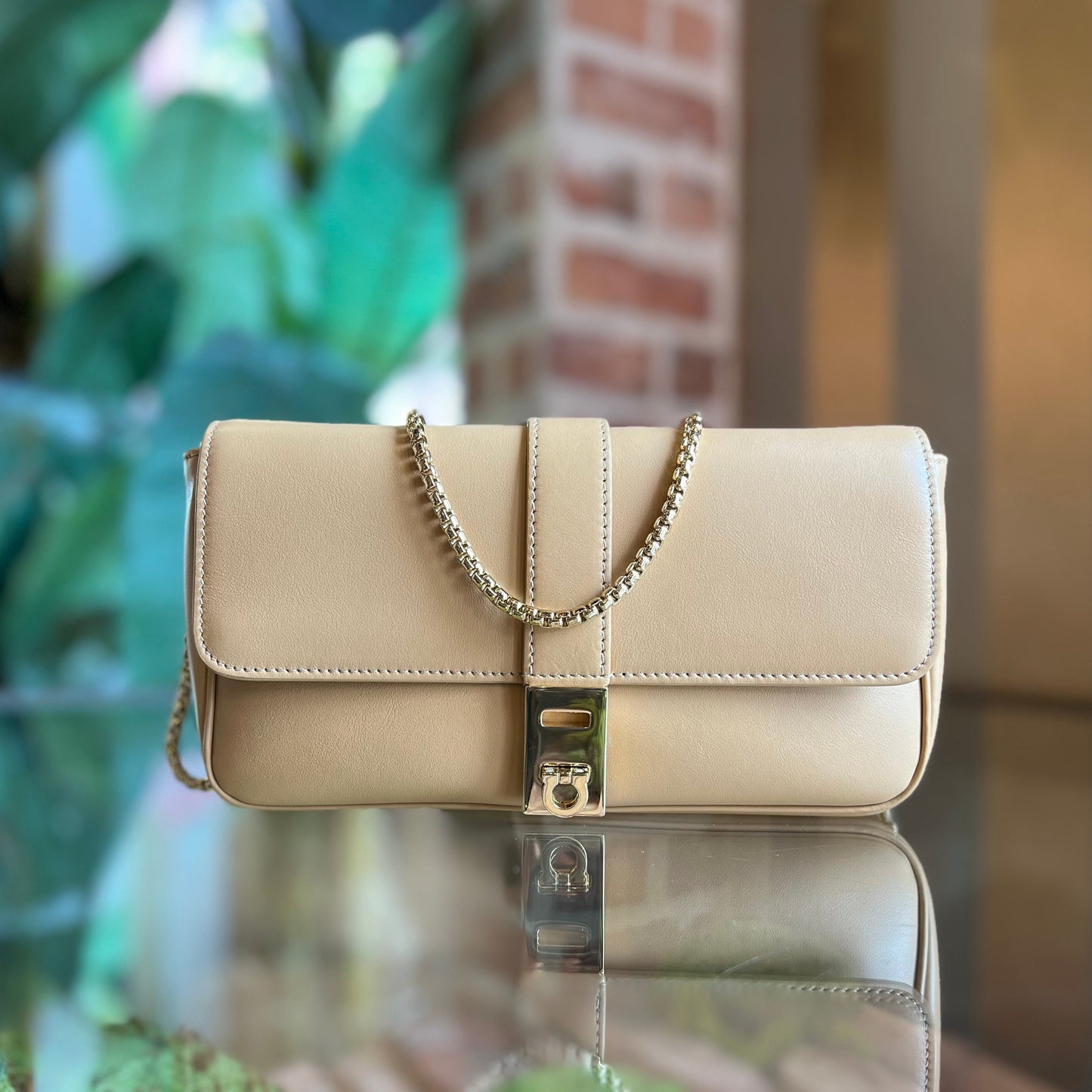 FERRAGAMO Arch Mini Beige Leather Crossbody Bag