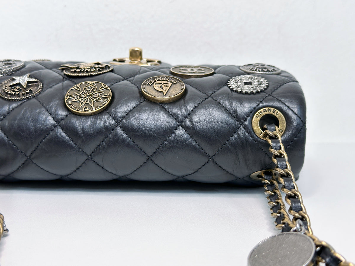 Chanel Mini Limited Edition Aged Calfskin Quilted Medallion Flap Black GHW 2063 holo card