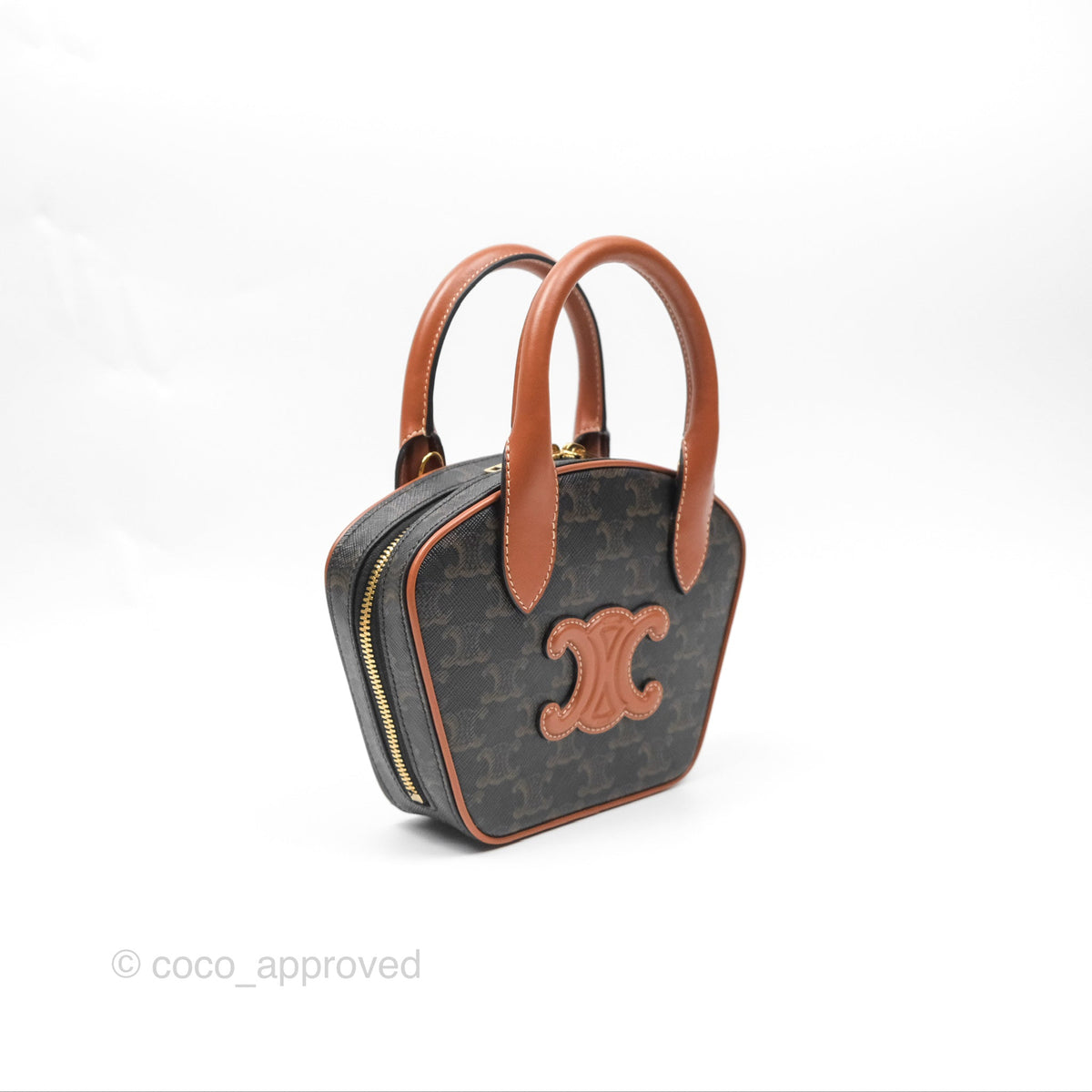 Celine Mini Bowling Bag Triomphe Canvas Tan Calfskin
