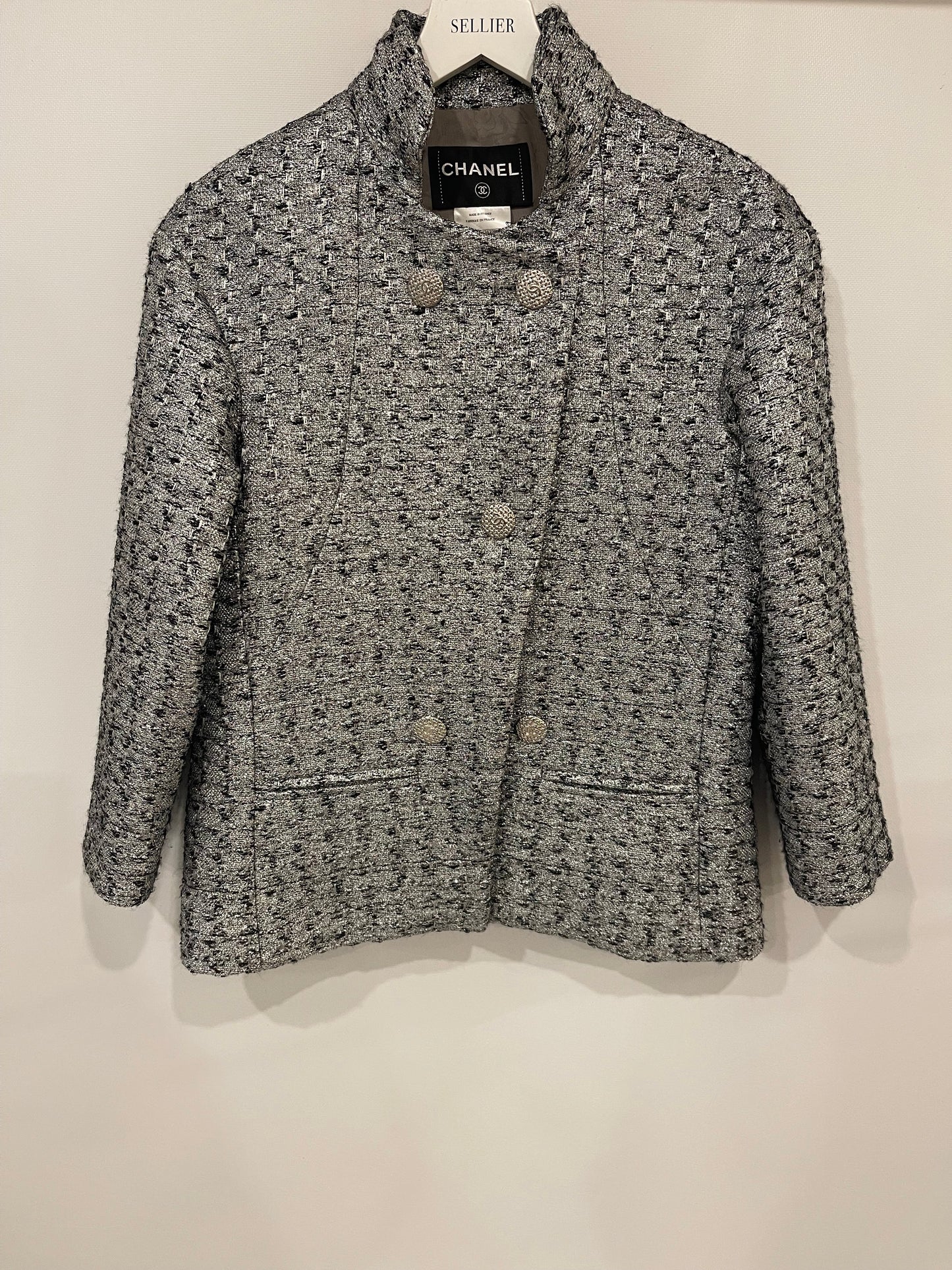 Chanel Black & Silver Metallic Tweed Jacket with CC Button Details Size FR 40 (UK 12)