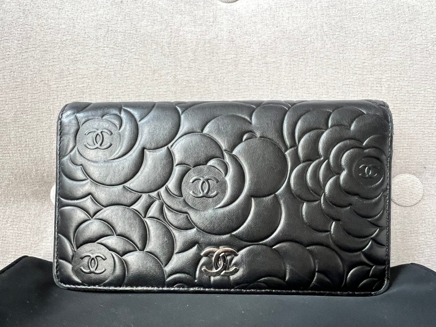 Chanel Black Lambskin Camellia Flap Wallet