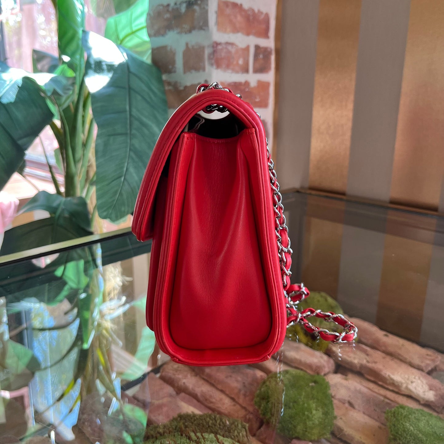 CHANEL Geometric Medium Red Lambskin Quilted Flap Bag