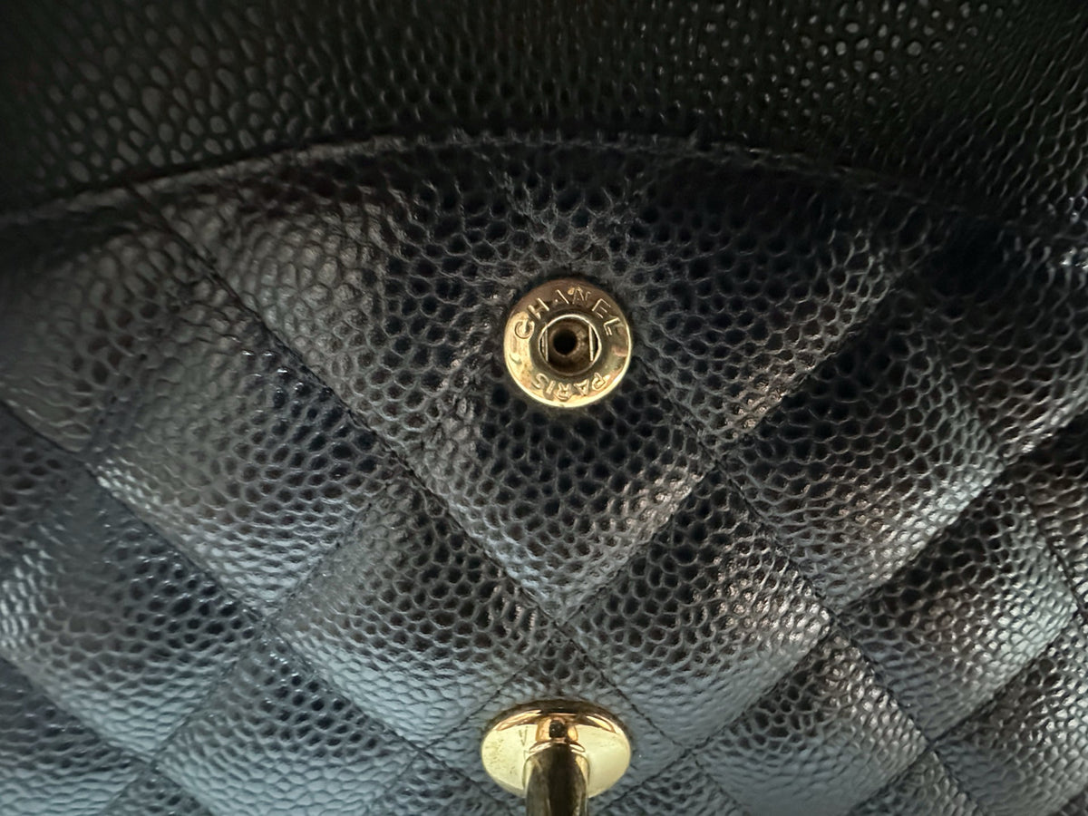 Chanel Medium Size Classic Quilted Caviar Double Flap Bag Black 3022 holo card
