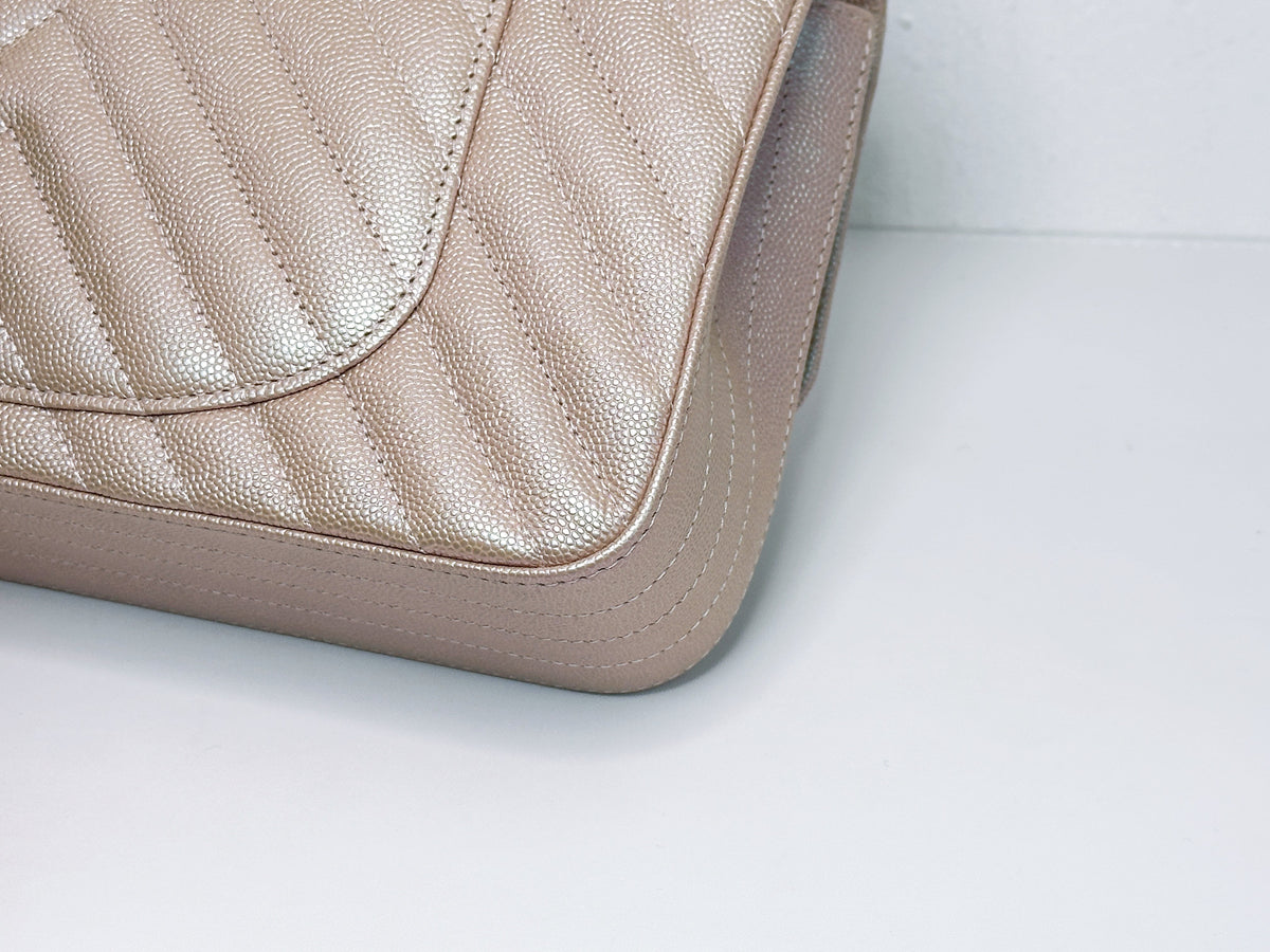 Chanel Medium Classic Chevron Caviar Double Flap Rose Gold SHW 24769 holo card