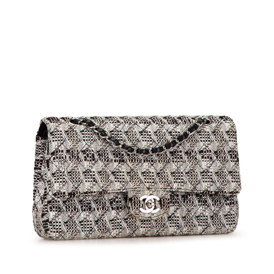 White Chanel Medium Classic Tweed Double Flap Shoulder Bag