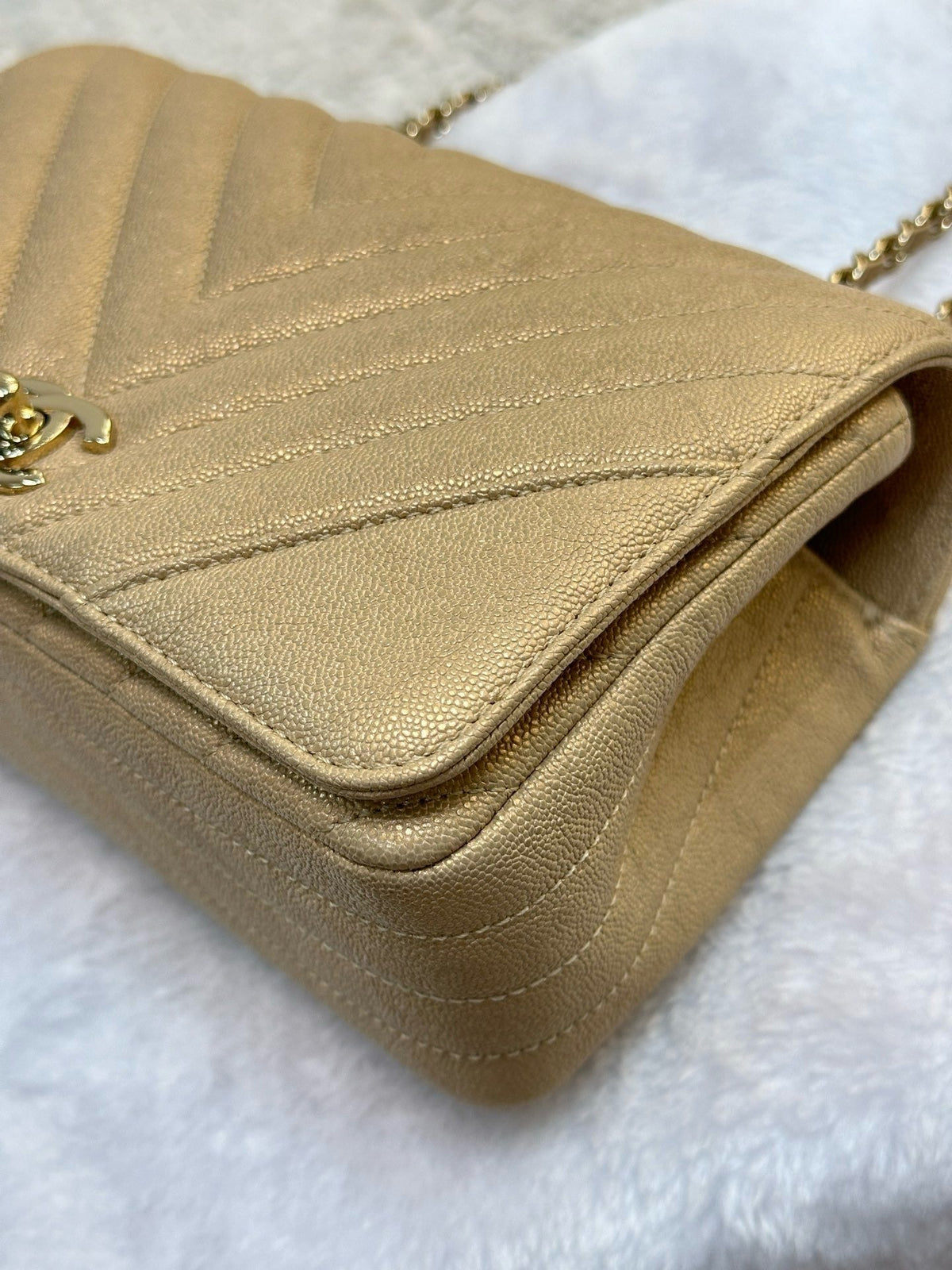 Chanel Mini Statement Metallic Caviar Chevron Quilted Flap Beige LGHW