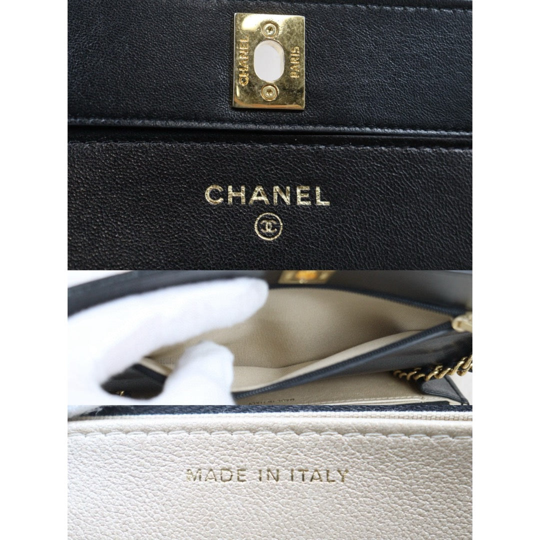 Good ( Rank AB)｜ CHANEL Matelasse Lamb Skin Chain Wallet Black Gold Hardware IC Chips Model ｜P25031402