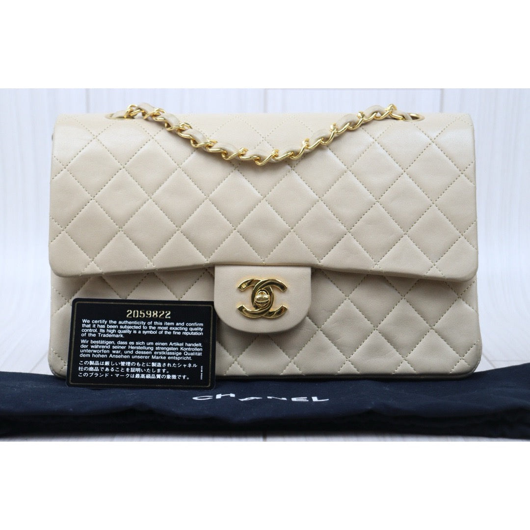 Good ( Rank AB)｜ CHANEL  Lamb Skin Beige Double Flap 25 Shoulder Bag Made in 1991-1994 Year ｜P24122006