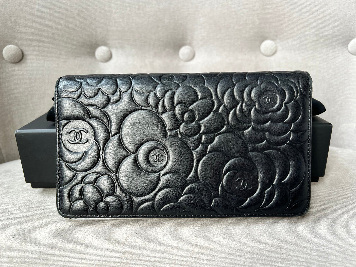 Chanel Black Lambskin Camellia Flap Wallet