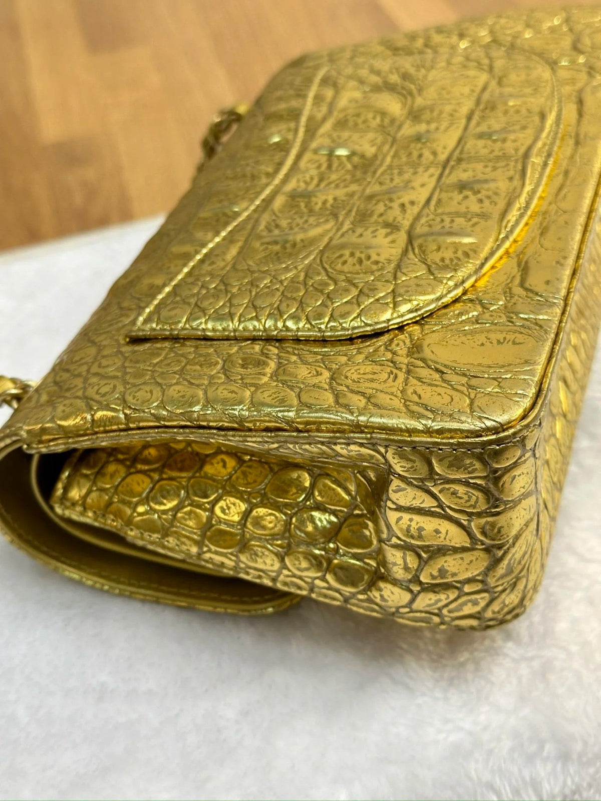 Chanel Medium  Calfskin Crocodile Embossed  Gold Metallic Flap Bag
