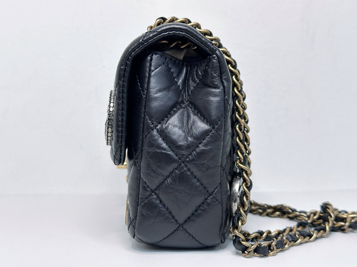 Chanel Mini Limited Edition Aged Calfskin Quilted Medallion Flap Black GHW 2063 holo card