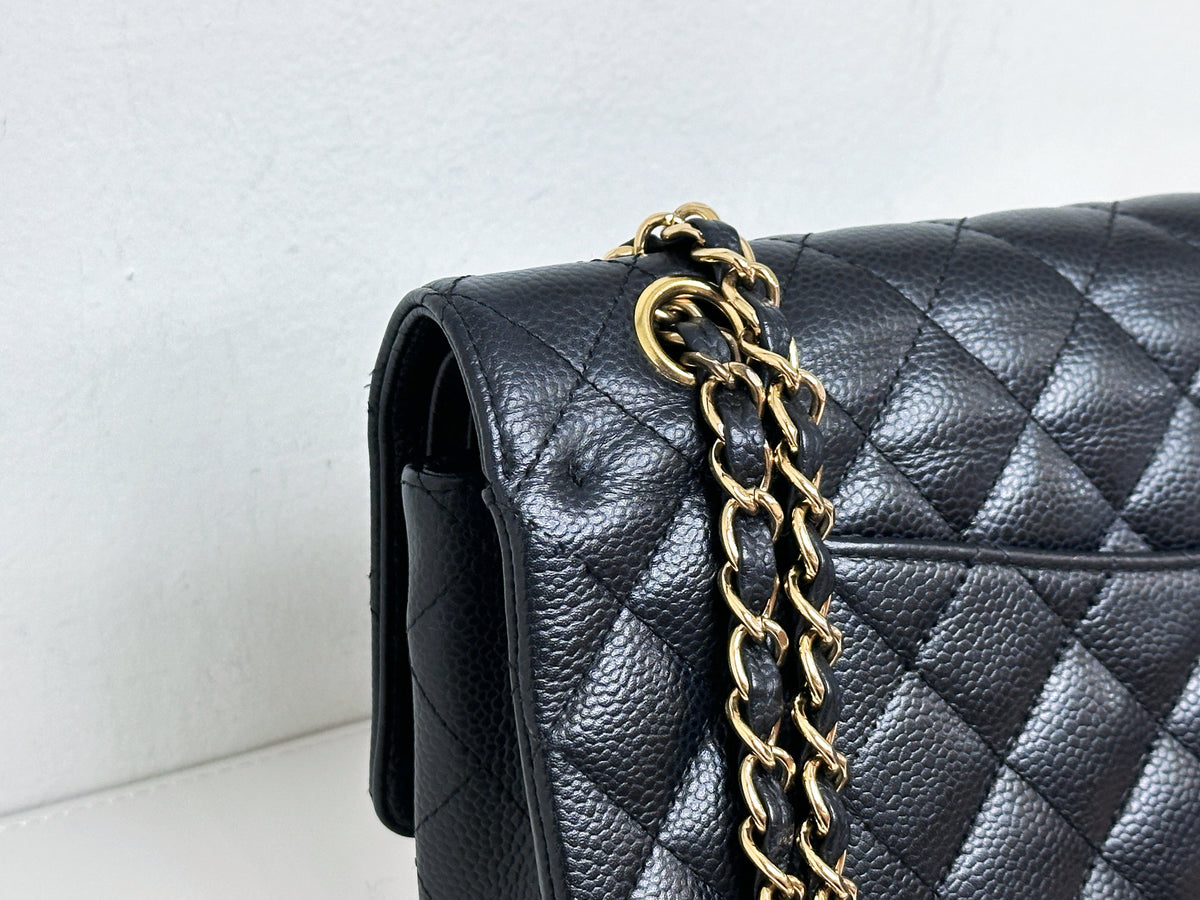 Chanel Medium Size Classic Quilted Caviar Double Flap Bag Black 1184 holo card
