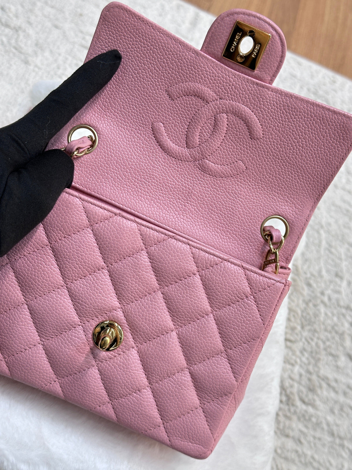 Chanel Mini Square Classic Caviar Flap Pink. Body lightly touched