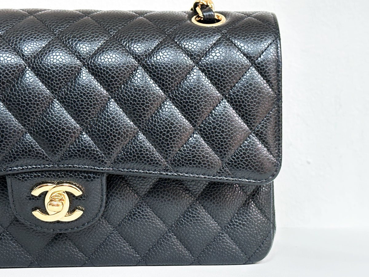 Chanel Medium Size Classic Quilted Caviar Double Flap Bag Black L9TX microchip