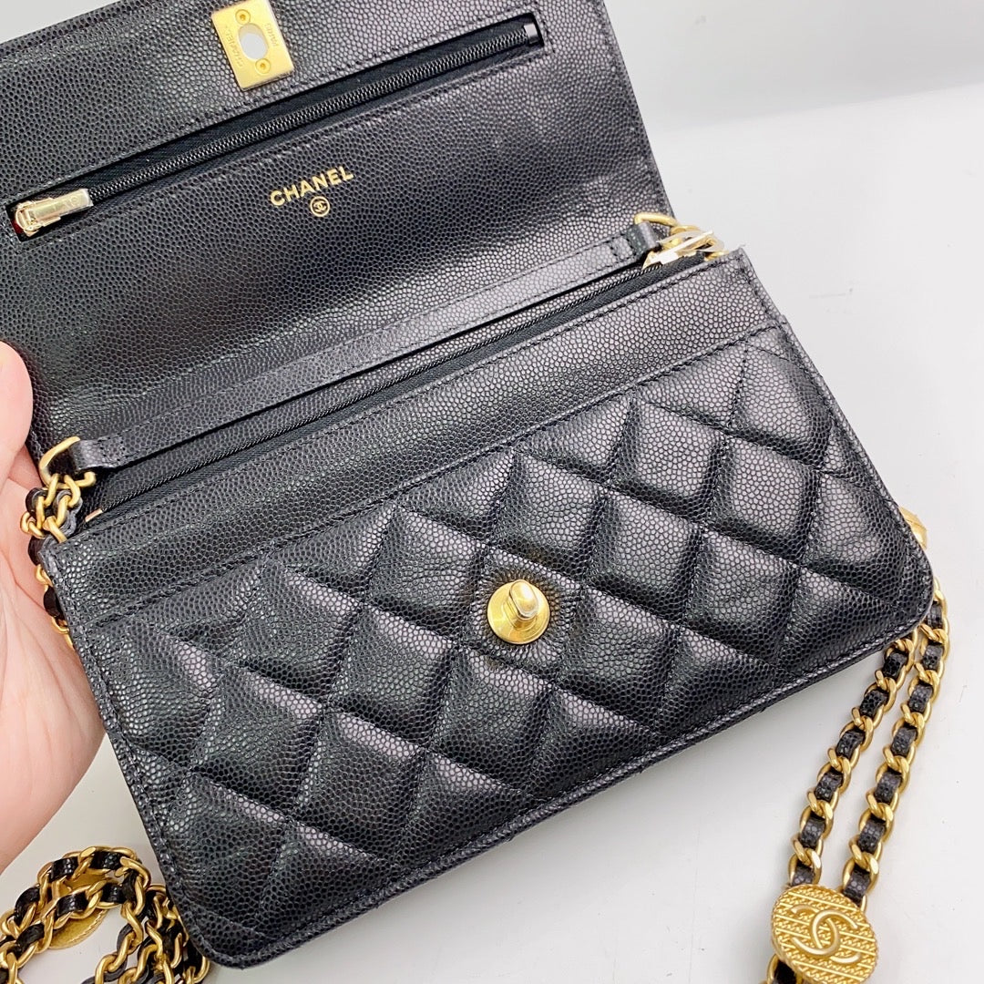 Rank A｜ CHANEL Matelasse Caviar Skin COCO Mark Coins Chain Wallet Black Gold Hardware ｜2302239