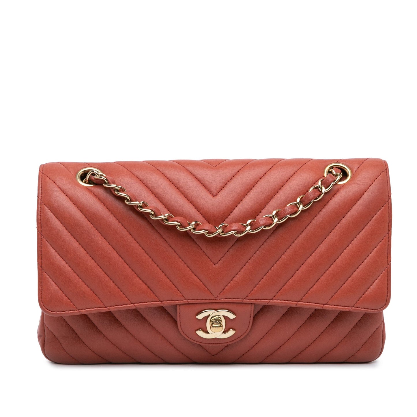 Orange Chanel Medium Classic Chevron Lambskin Double Flap Shoulder Bag