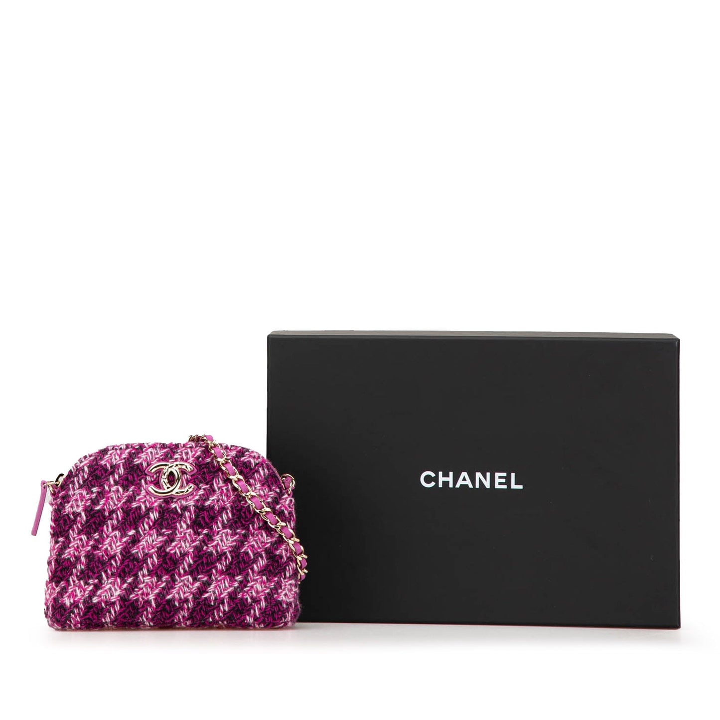 Pink Chanel Tweed Houndstooth Clutch On Chain Crossbody Bag