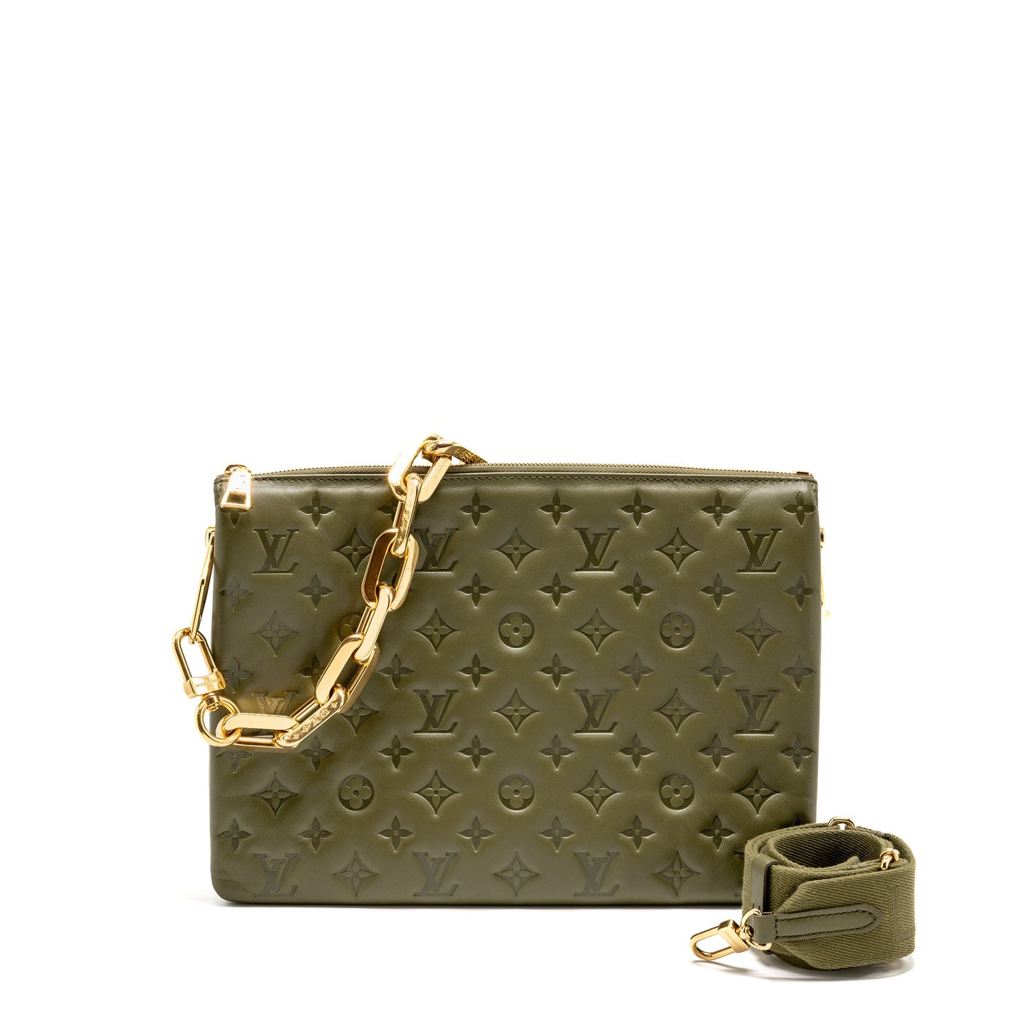 Louis Vuitton Coussin MM Monogram-embossed Puffy Lambskin Khaki GHW