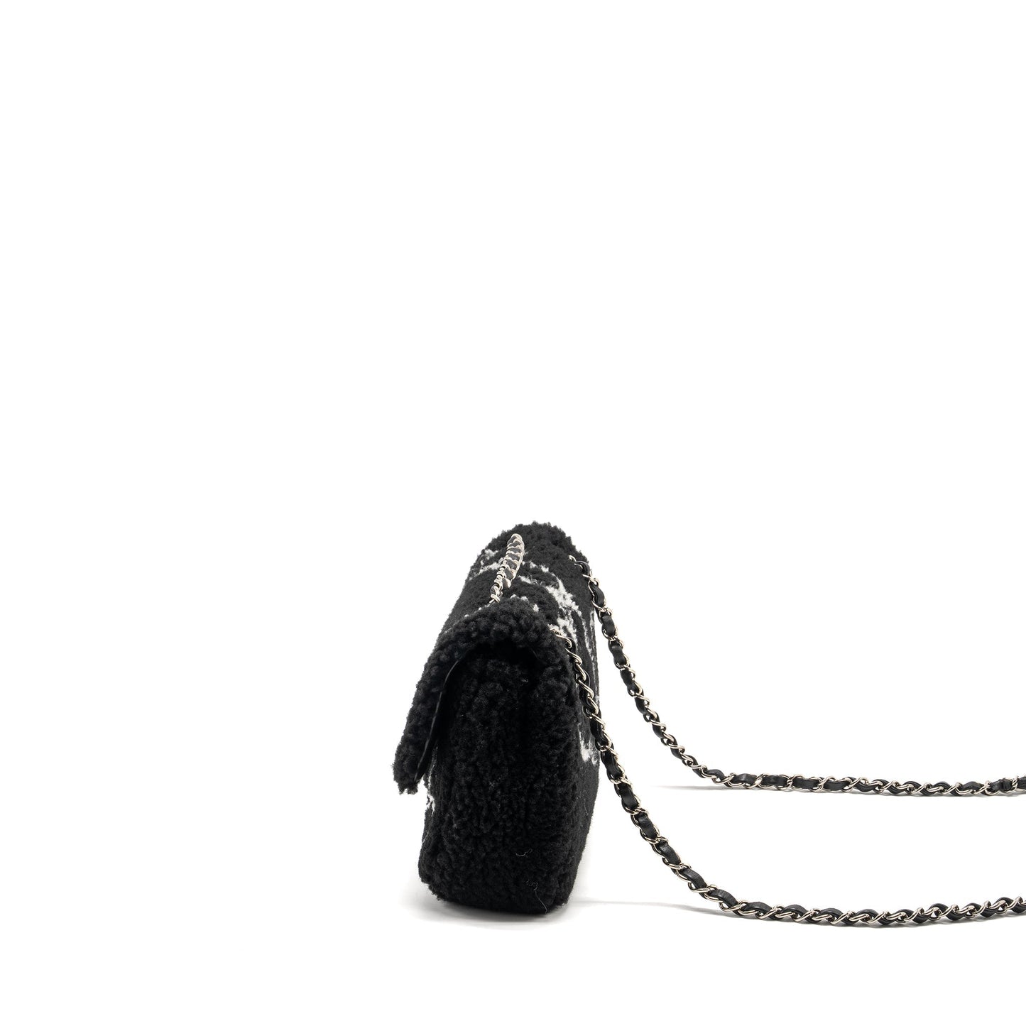Chanel 22A Fluffy Camellia Flap Bag Embroidered Shearling Lambskin Black / White SHW (Microchip)