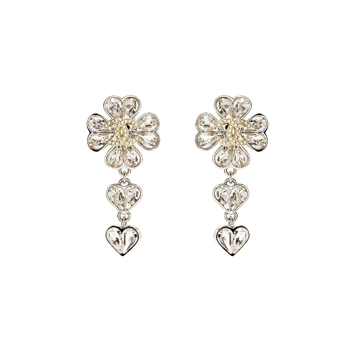 Chanel CC Clover Heart Drop Earrings Crystal Silver Tone