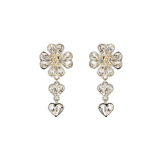 Chanel CC Clover Heart Drop Earrings Crystal Silver Tone