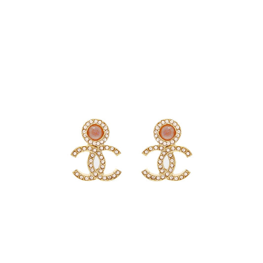 Chanel CC Logo Earrings Pink Crystal Gold Tone