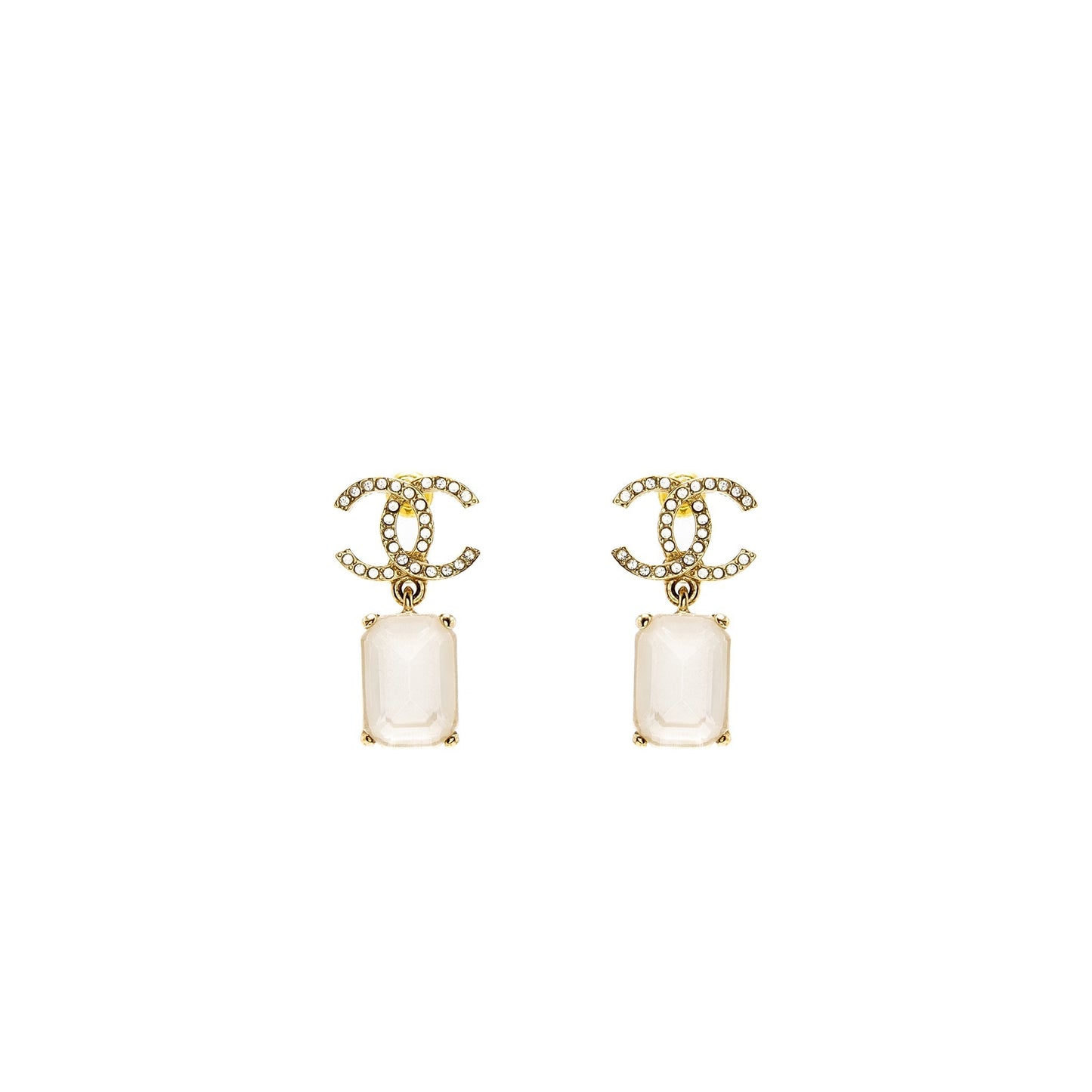 Chanel CC Logo Square Drop Earrings with Crystal Light Gold Tone