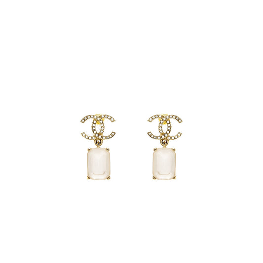 Chanel CC Logo Square Drop Earrings with Crystal Light Gold Tone