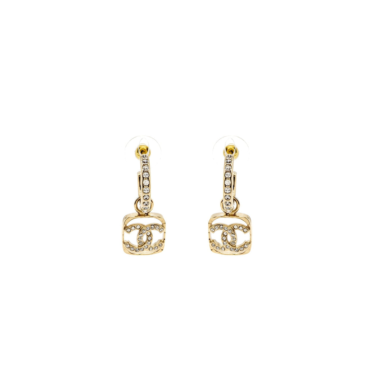 Chanel Square CC Logo Dropped Earrings Crystal Light Gold Tone