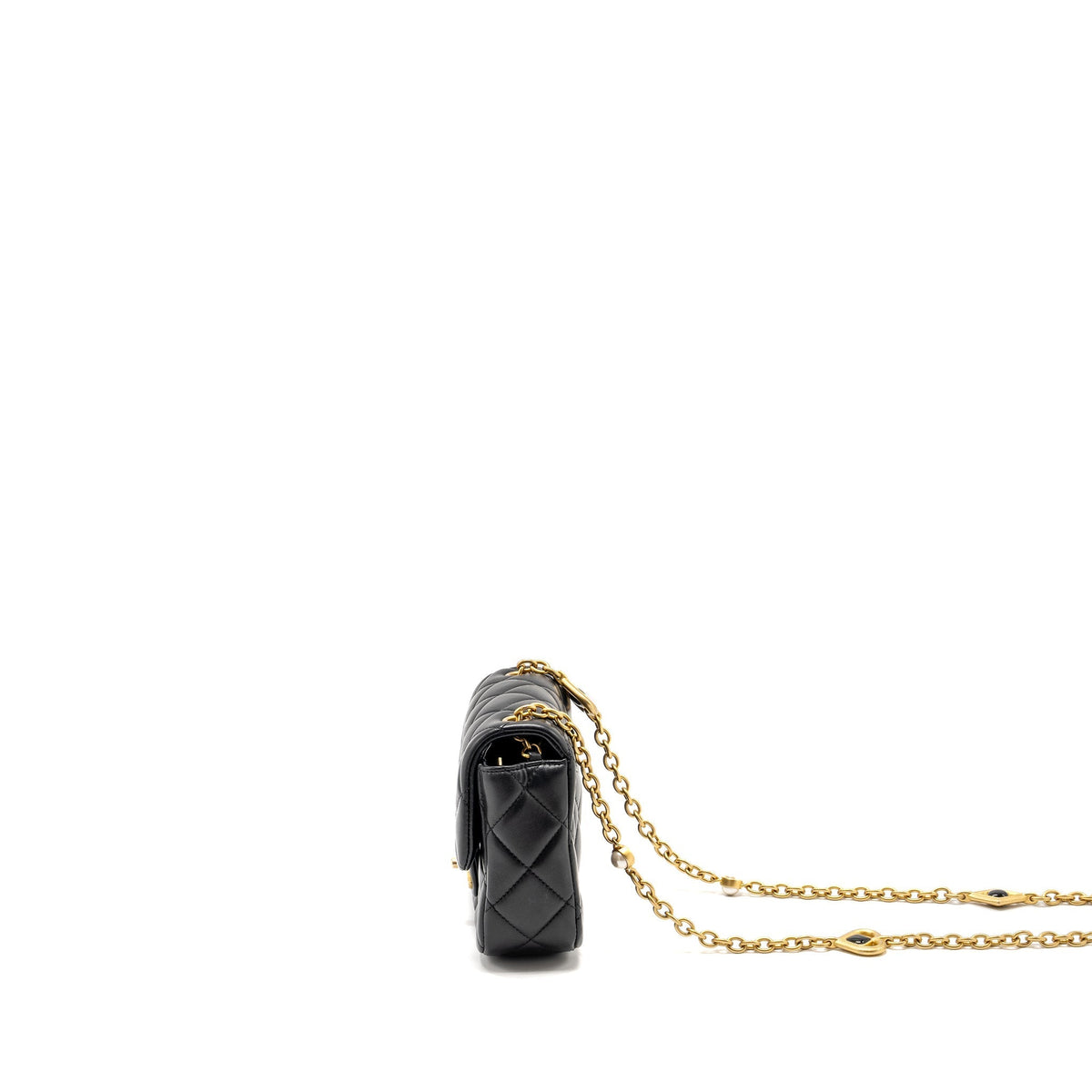 Chanel Quilted Flap Bag with Heart Charm Chain Lambskin Black GHW (Microchip)