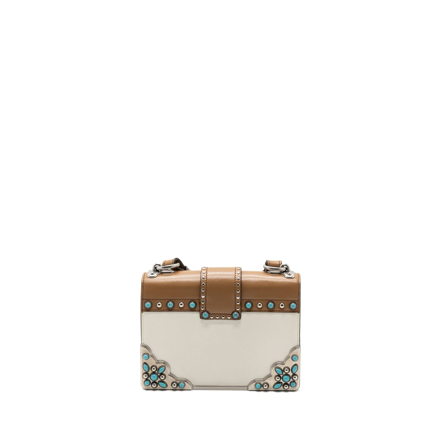 Prada Cahier Embellished Two-tone Leather Shoulder Bag White / Caramel SHW