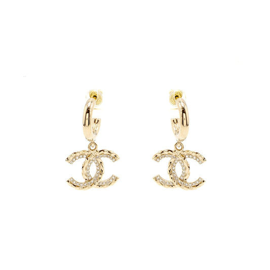 Chanel CC Drop Earrings Crystal Light Gold Tone