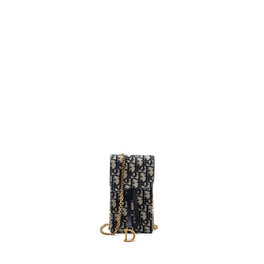 DIOR SADDLE PHONE HOLDER WITH CHAIN OBLIQUE JACQUARD CANVAS BLUE GHW