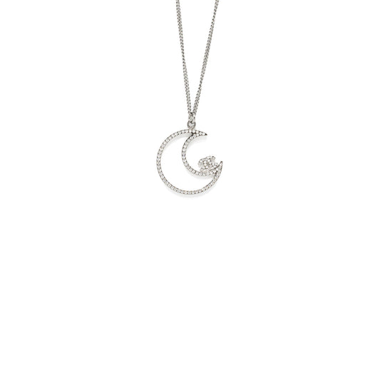 Chanel 17K Moon with CC Logo Necklace Crystal Silver Tone