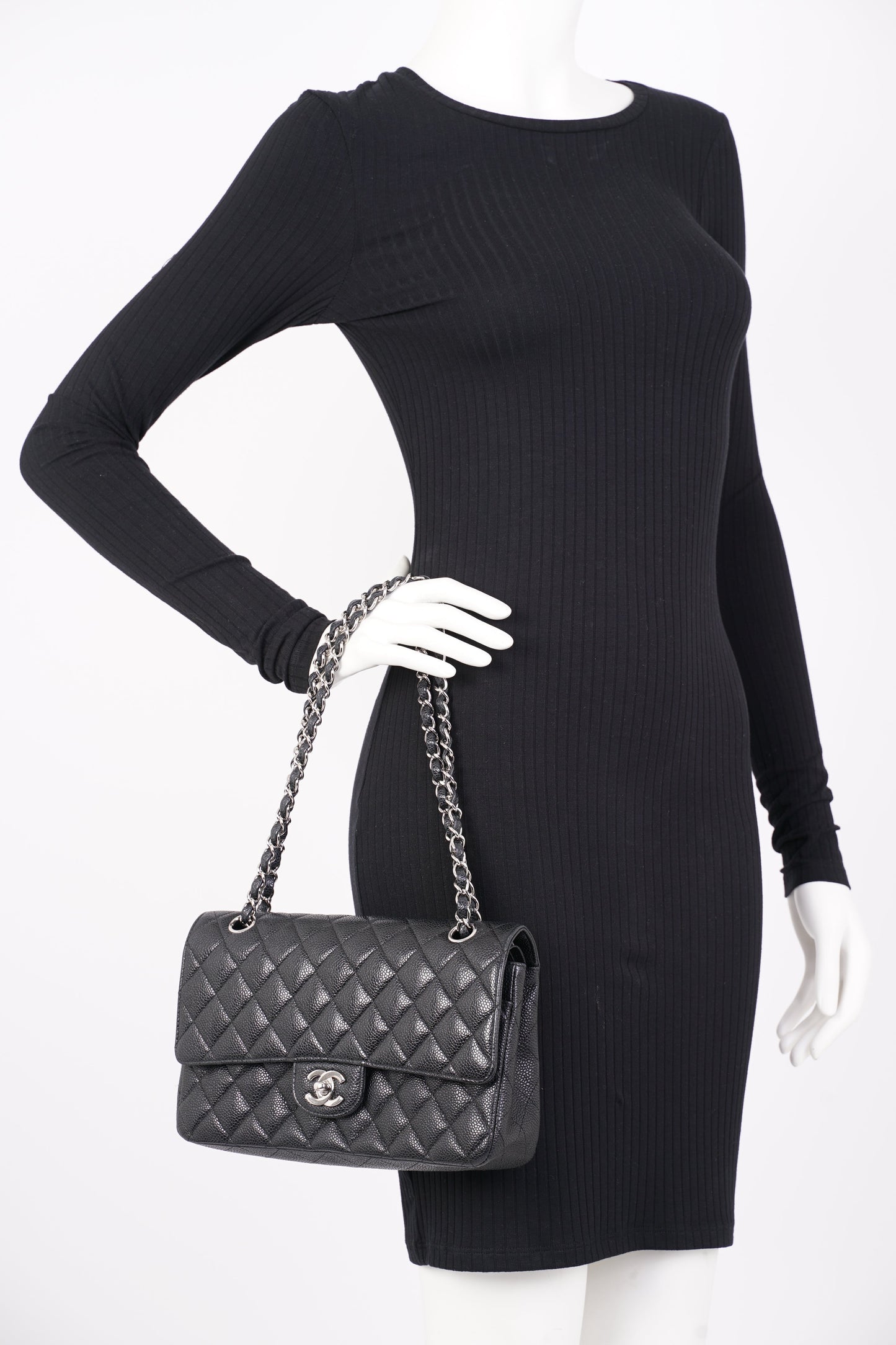 Chanel Double Classic Flap Bag Black Caviar Leather Medium