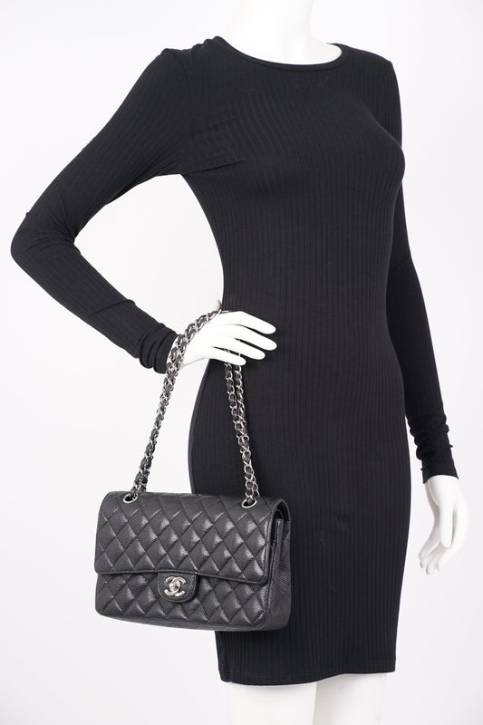 Chanel Double Classic Flap Bag Black Caviar Leather Medium