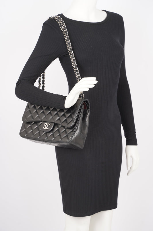 Chanel Double Flap Bag Black Lambskin Leather Large