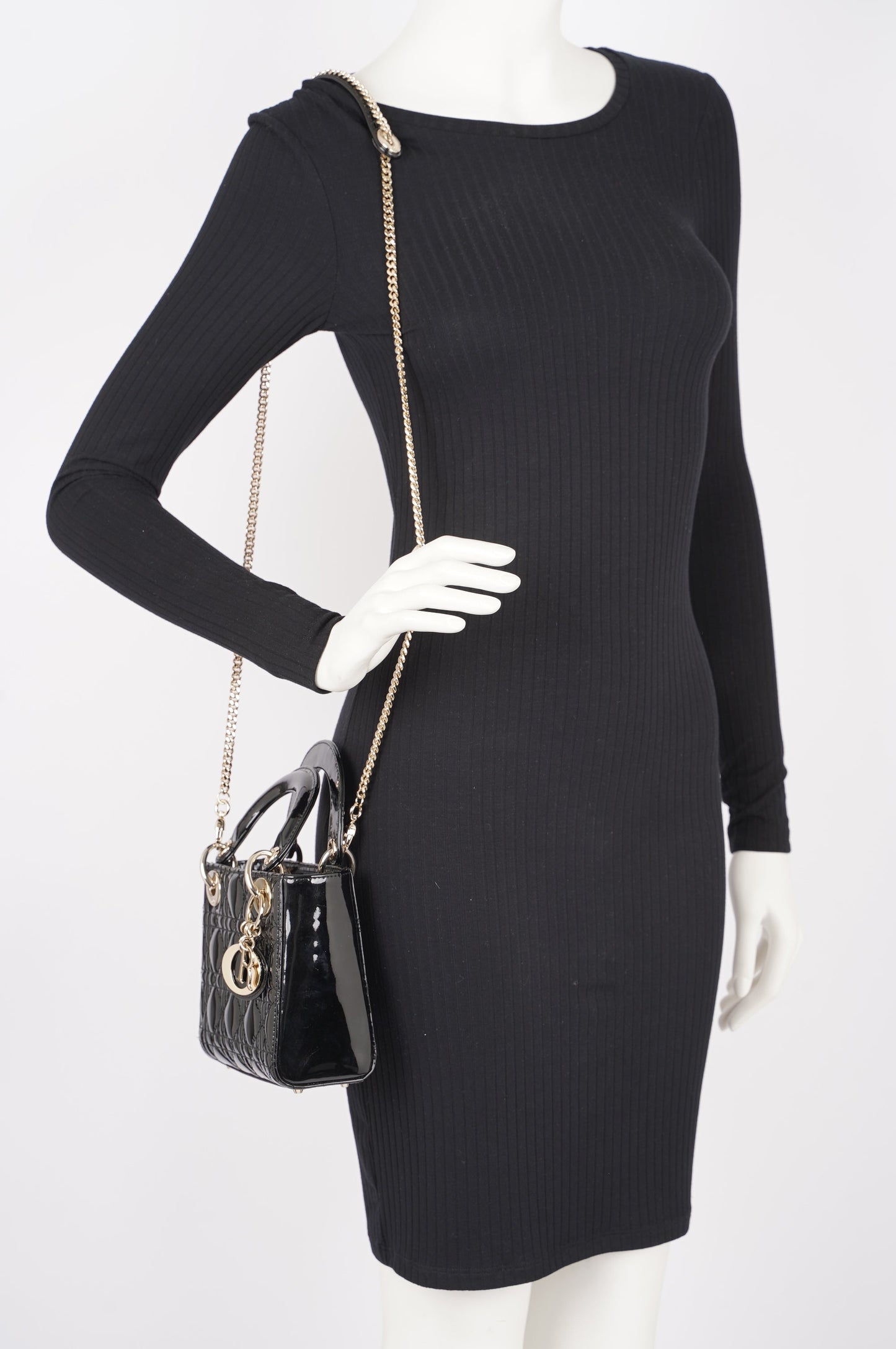 Christian Dior Womens Lady Dior Cannage Bag Black Patent Leather Mini