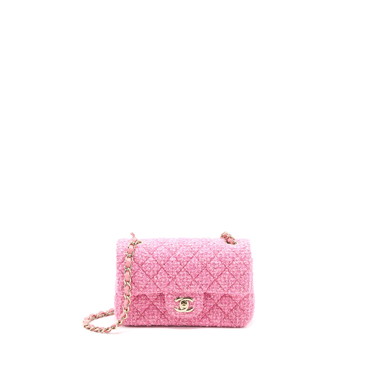 Chanel Mini Rectangular Flap Bag Tweed Pink LGHW (Microchip)
