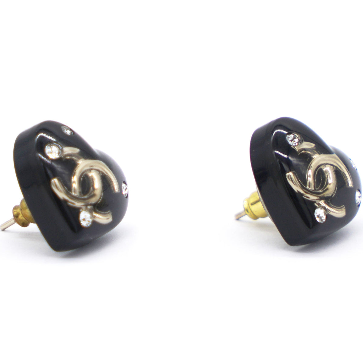 Chanel Resin Crystal CC Heart Earrings Black Gold