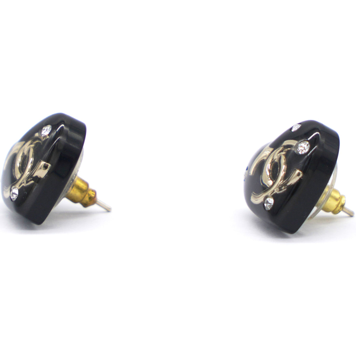 Chanel Resin Crystal CC Heart Earrings Black Gold