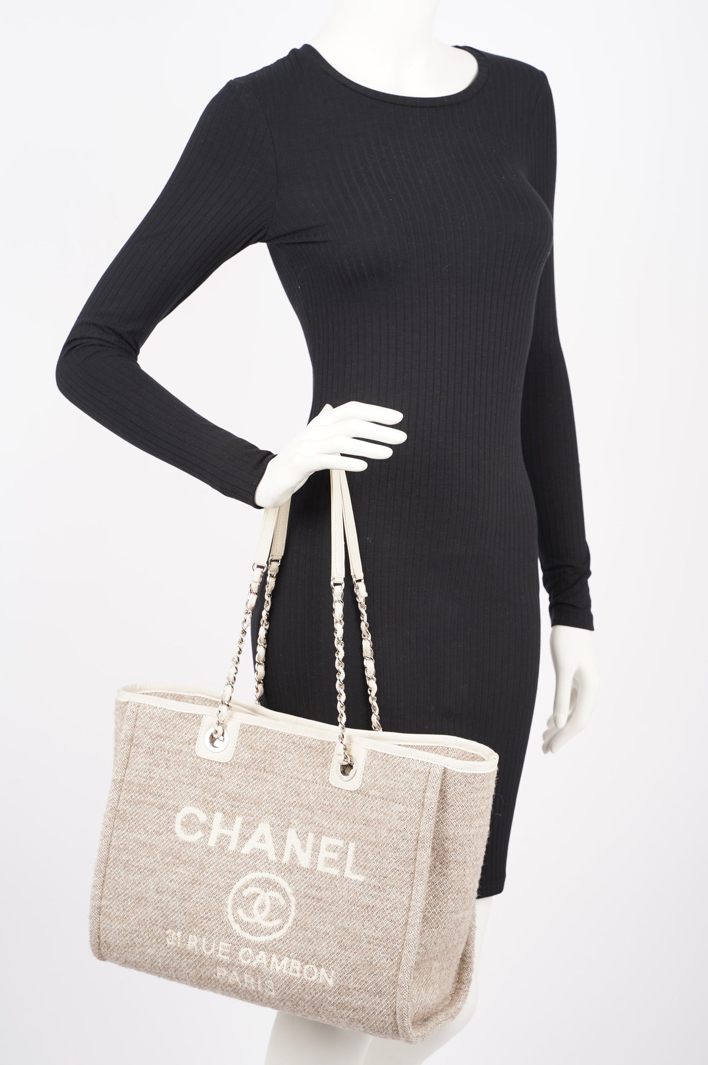 Chanel Womens Deauville Bag Wool   Cream   Beige Small