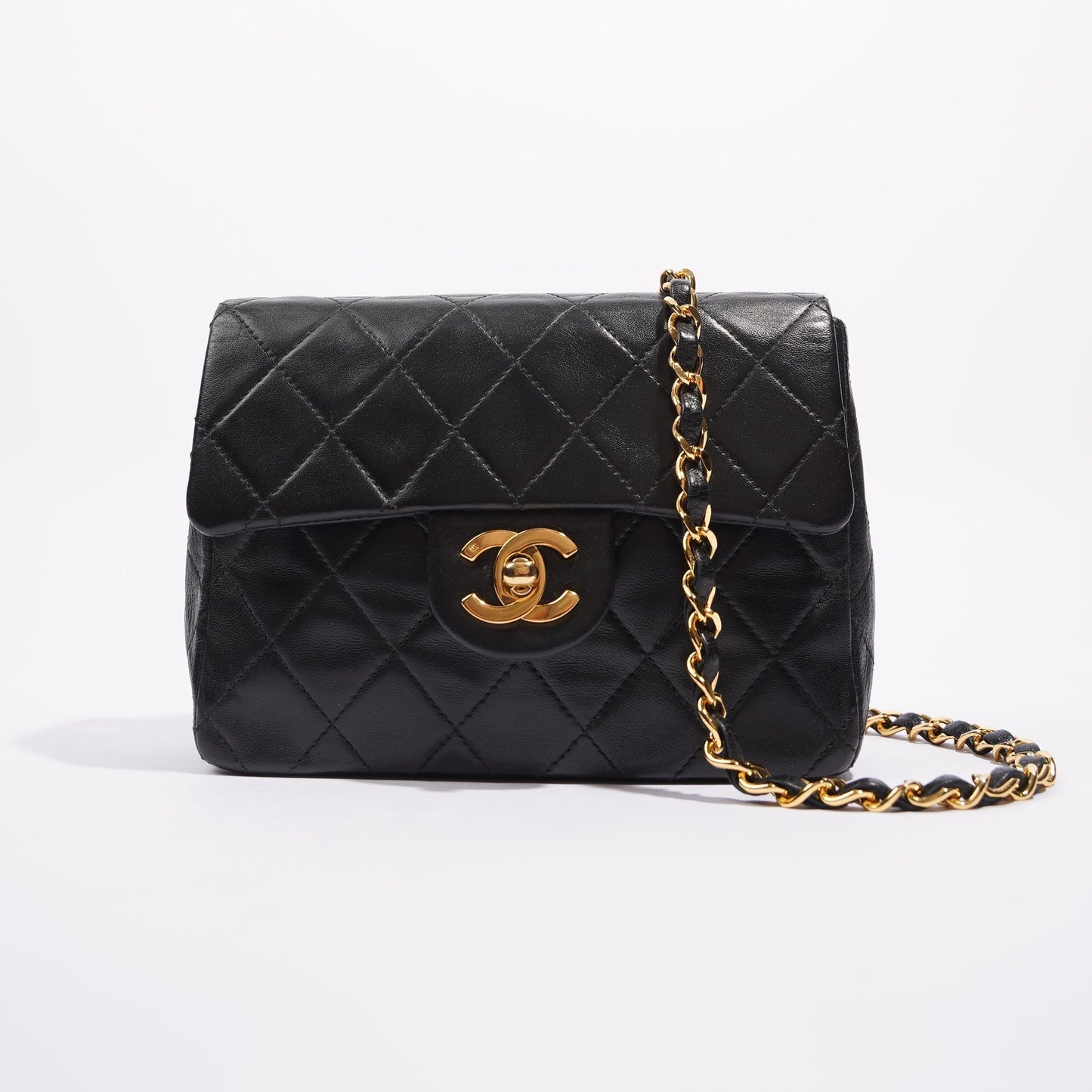 Chanel Womens Vintage Lambskin Square Flap Bag Black   Gold Mini
