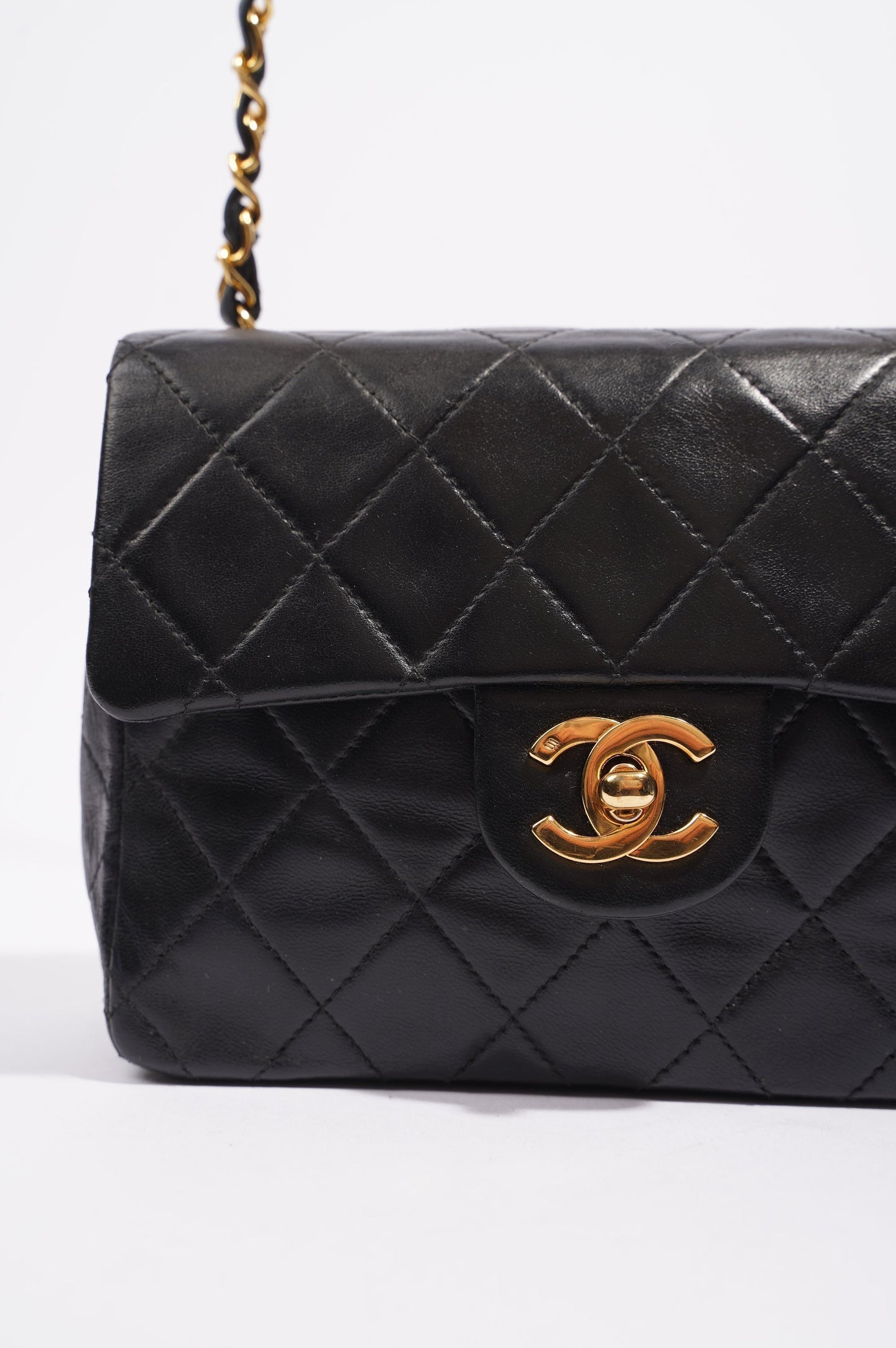 Chanel Womens Vintage Lambskin Square Flap Bag Black   Gold Mini
